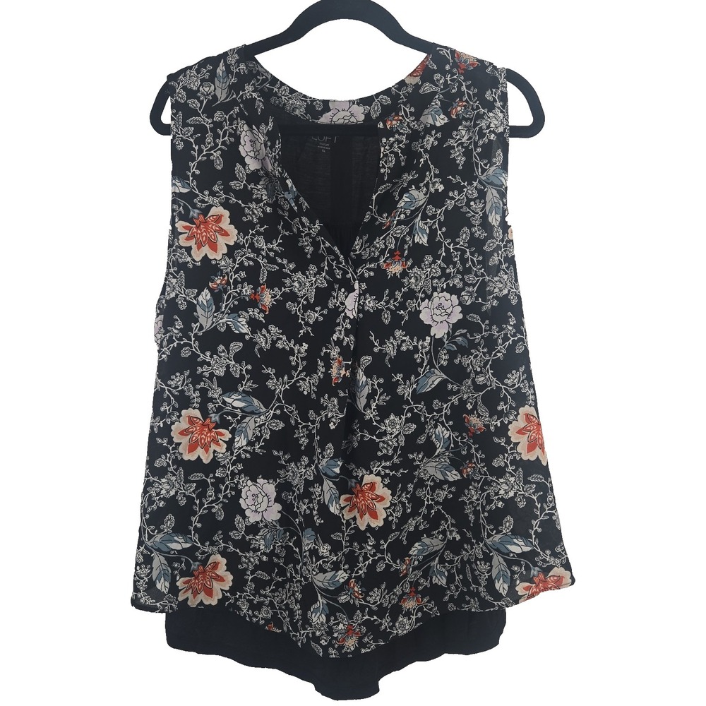 LOFT OUTLET Black‎ Floral Chiffon Jersey Contrast Sleeveless V-neck Tank Top XL